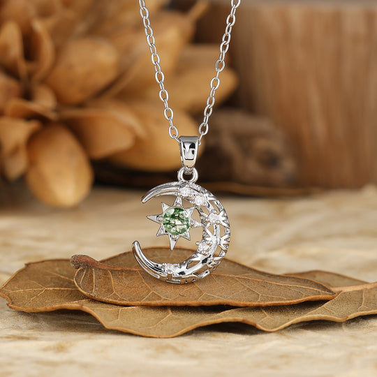 925 Plata de Ley con Amatista Natural Colgante de Luna y Estrella Collar de 18K Oro