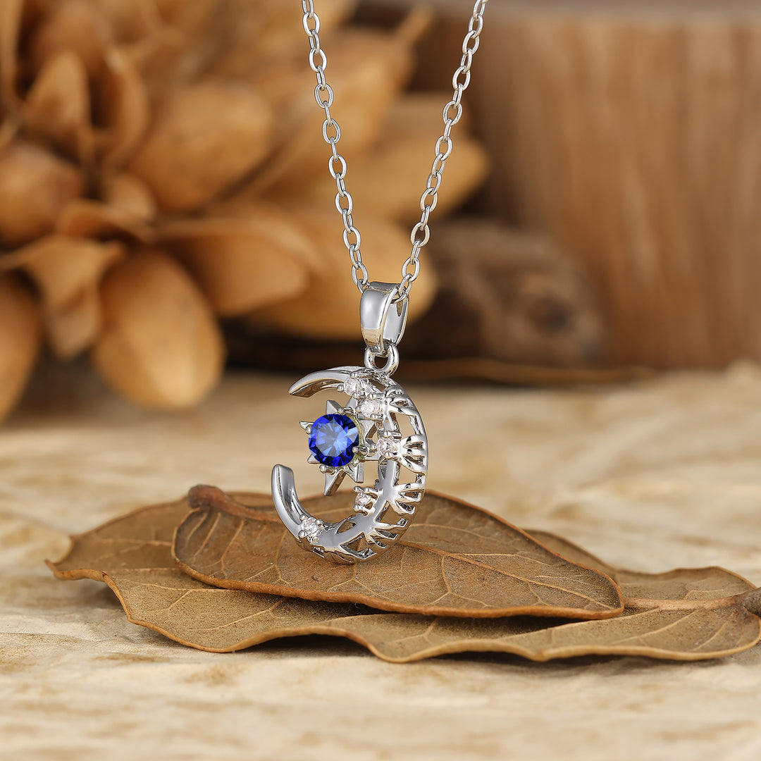 Crescent Moon Star Blue Sapphire Pendant Handmade Birthstone Necklace