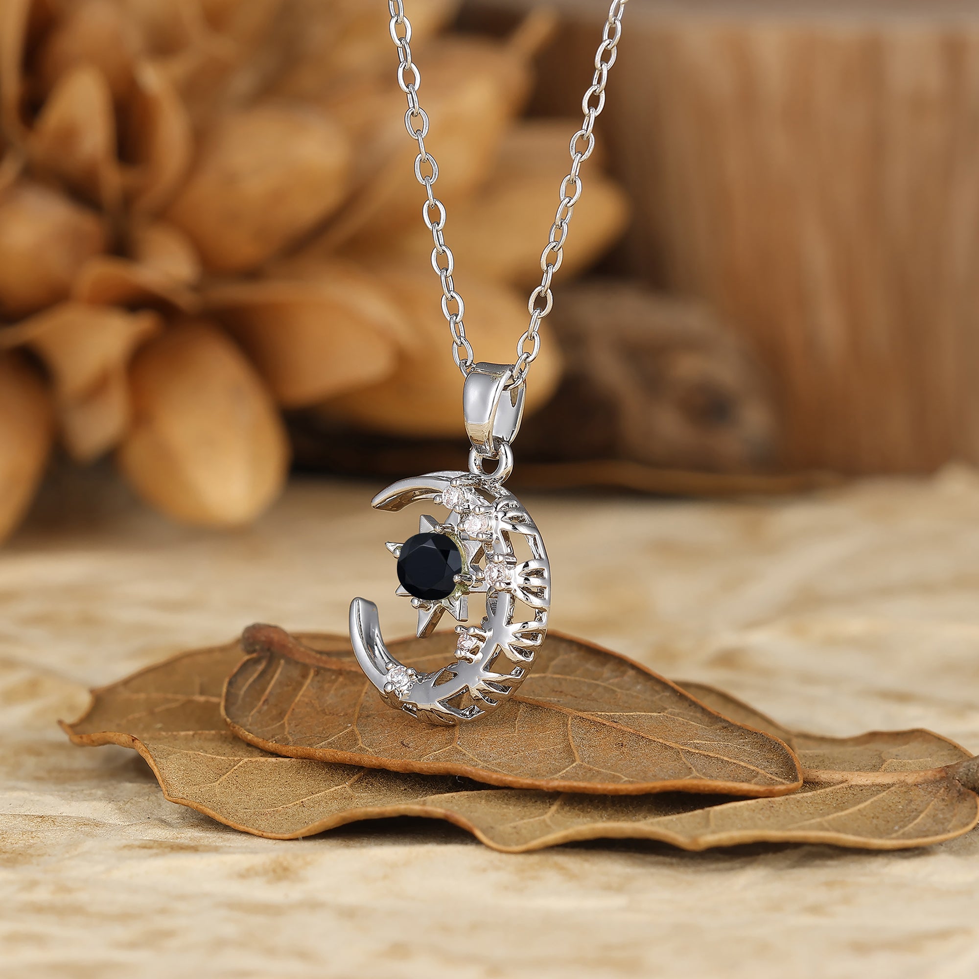 925 Sterling Silver Ruby Moon and Star Pendant Necklace 18K Gold