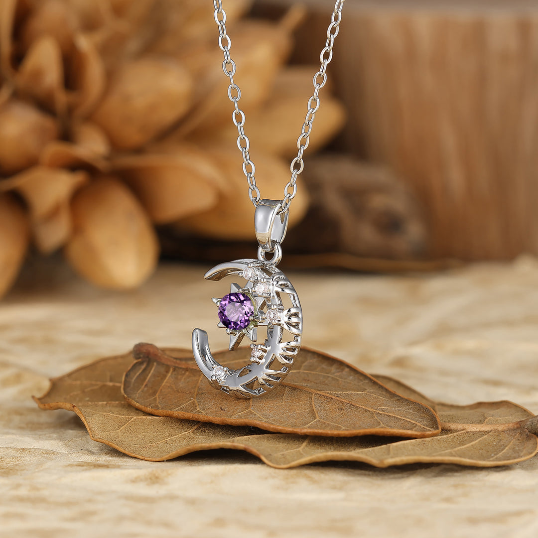 925 Plata de Ley con Amatista Natural Colgante de Luna y Estrella Collar de 18K Oro