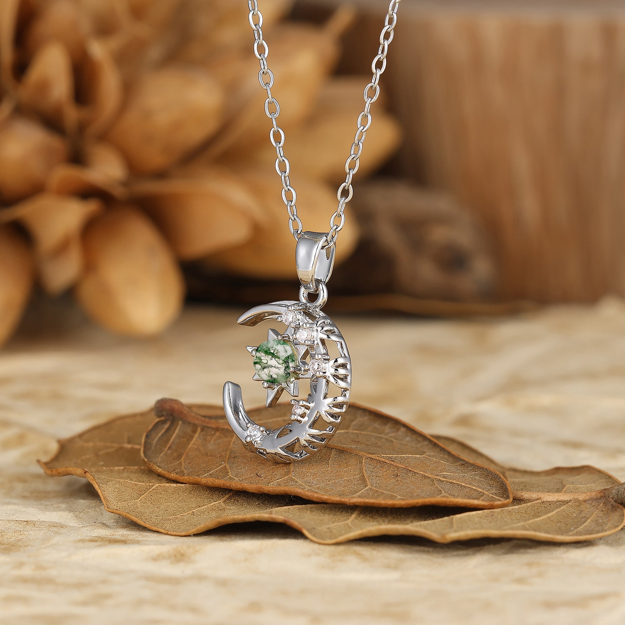 925 Sterling Silver Aquamarine Moon and Star Pendant Necklace 14K