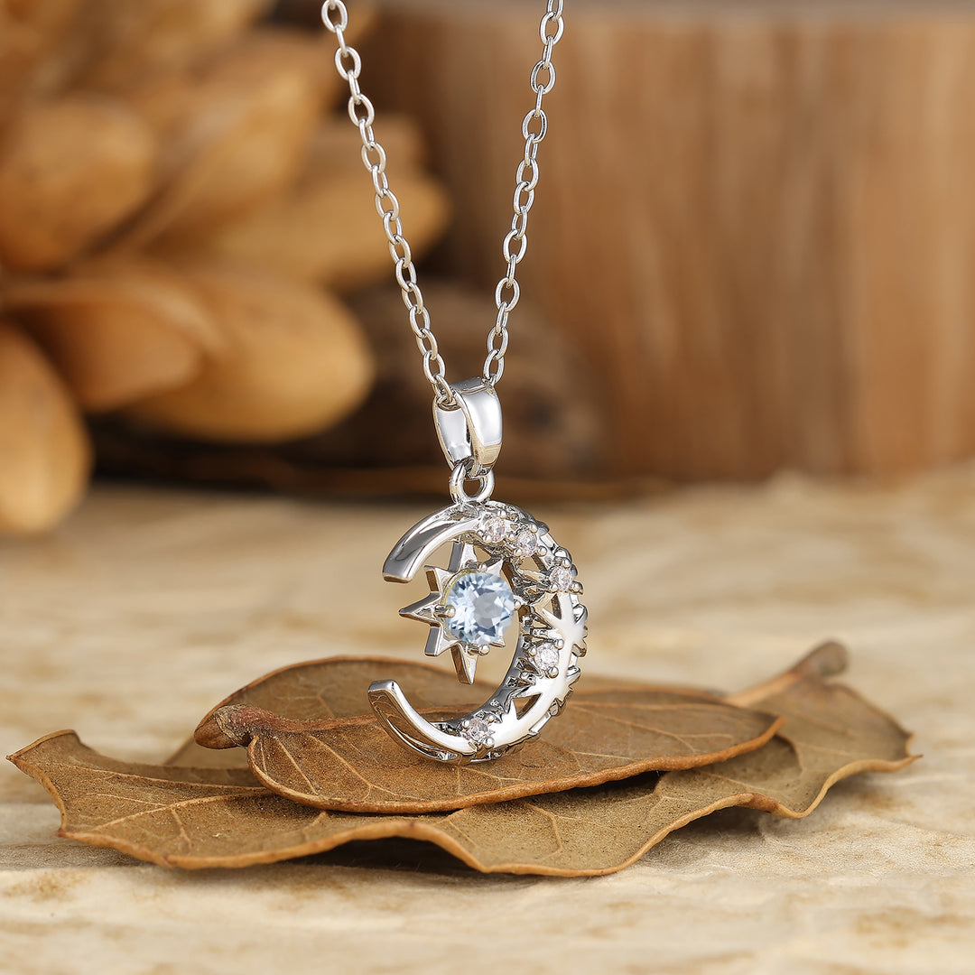 925 Plata de Ley con Amatista Natural Colgante de Luna y Estrella Collar de 18K Oro