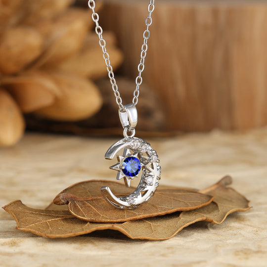 Crescent Moon Star Blue Sapphire Pendant Handmade Birthstone Necklace