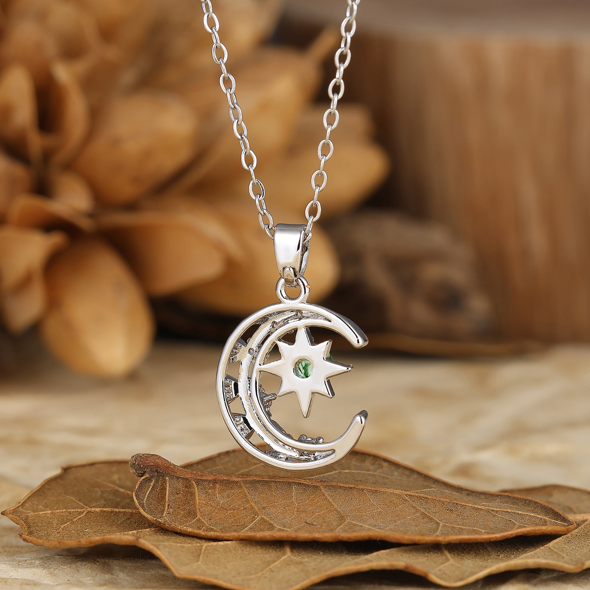 925 Sterling Silver Aquamarine Moon and Star Pendant Necklace 14K