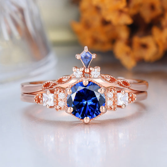 Vintage Rose Gold Sapphire Ring Set Handmade Promise Anniversary Bridal Ring Sapphire Ring Set