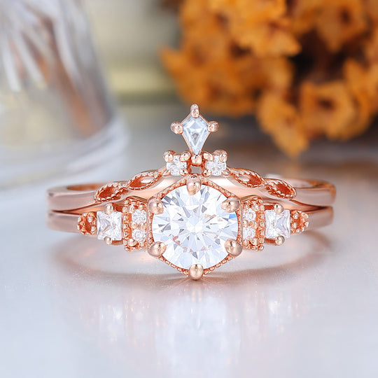Dainty Round Moissanite Floral Bridal Ring Set 14K Rose Gold Anniversary Ring Set For Her