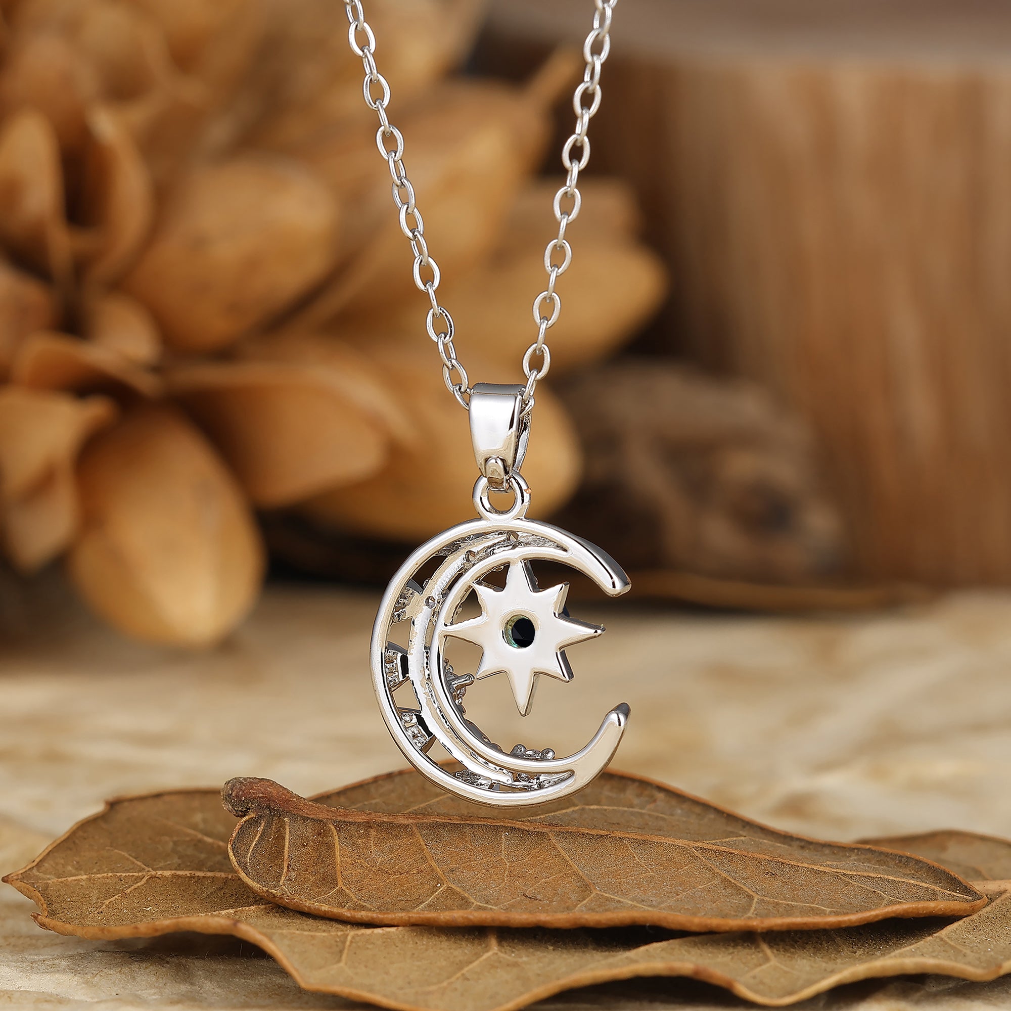 925 Sterling Silver Ruby Moon and Star Pendant Necklace 18K Gold