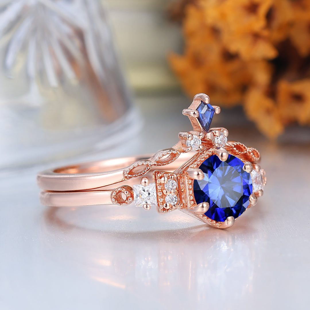 Vintage Rose Gold Sapphire Ring Set Handmade Promise Anniversary Bridal Ring Sapphire Ring Set