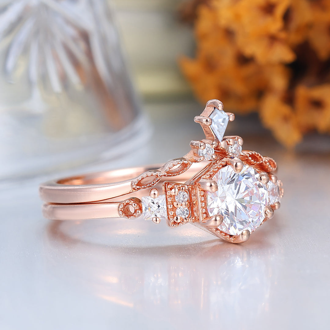 Dainty Round Moissanite Floral Bridal Ring Set 14K Rose Gold Anniversary Ring Set For Her