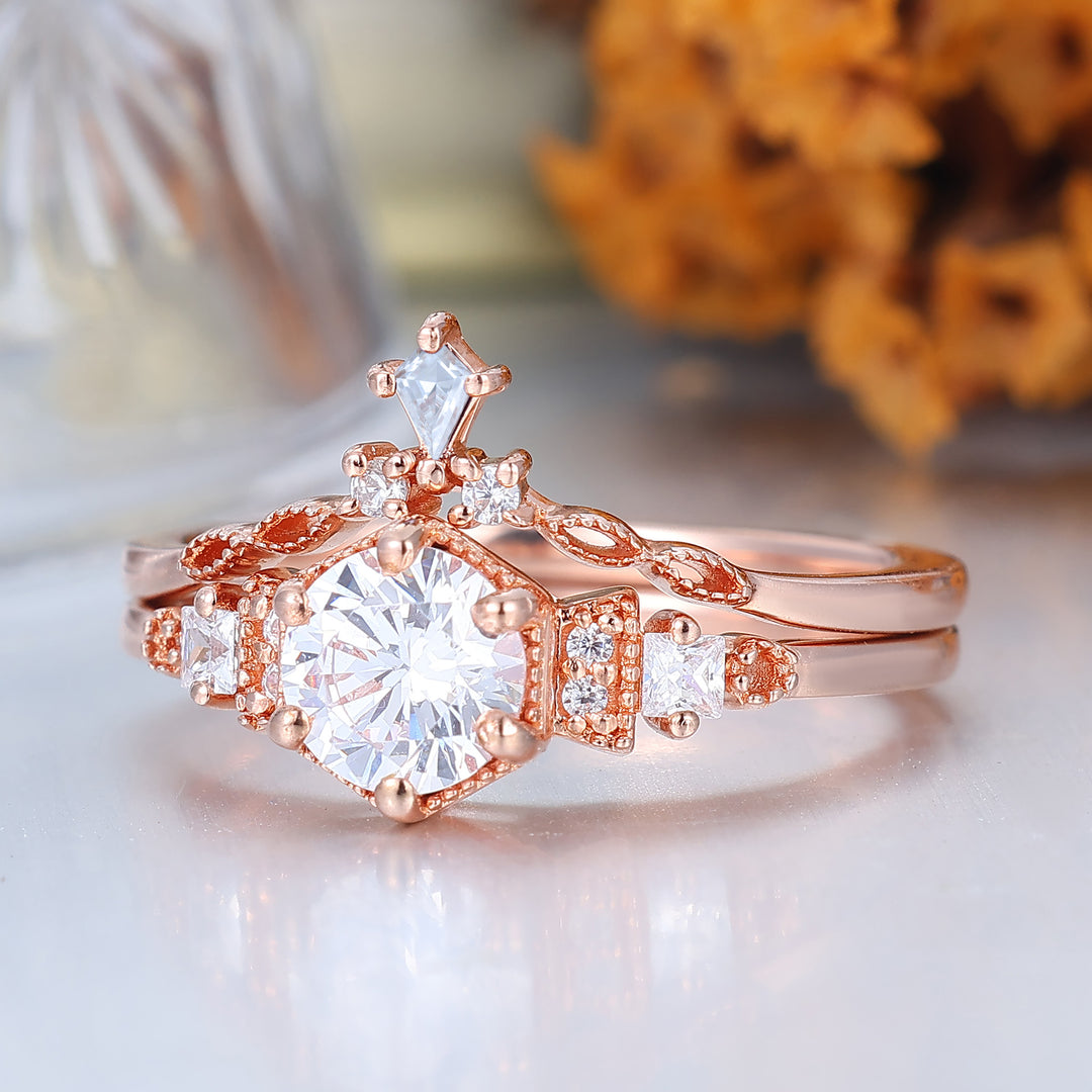 Dainty Round Moissanite Floral Bridal Ring Set 14K Rose Gold Anniversary Ring Set For Her