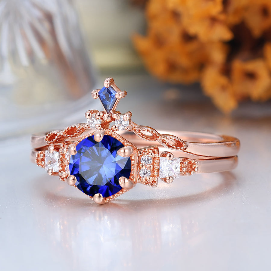Vintage Rose Gold Sapphire Ring Set Handmade Promise Anniversary Bridal Ring Sapphire Ring Set
