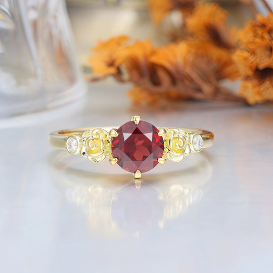 Noble 14k Rose Gold  Round Cut Nature Red Garnet Rose Shaped Wedding Ring Women Fine Ring -  Esdomera.com