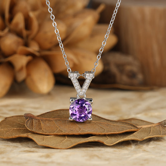 925 Sterling Silver Elegant V-Neck Style Aquamarine Pendant Necklace 14K Gold Neckalce