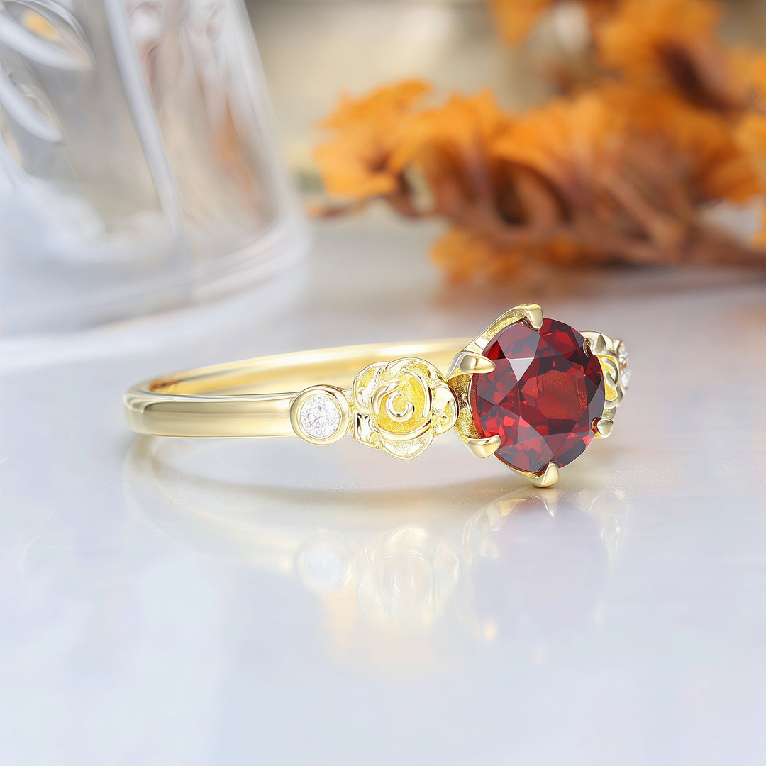 Noble 14k Rose Gold  Round Cut Nature Red Garnet Rose Shaped Wedding Ring Women Fine Ring -  Esdomera.com
