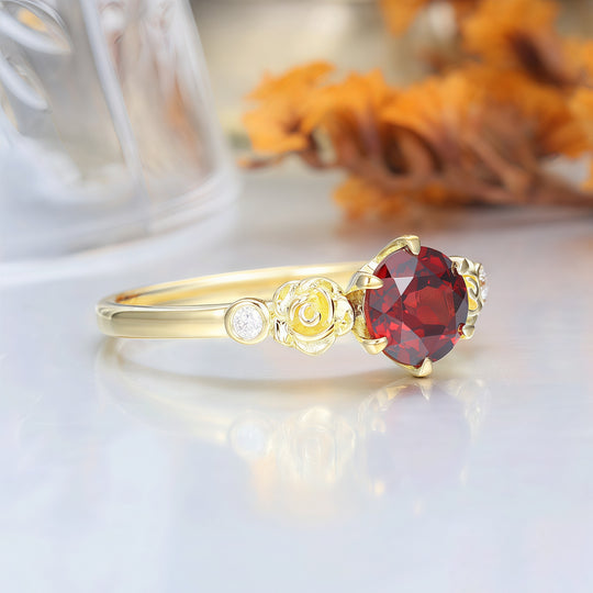 Noble 14k Rose Gold  Round Cut Nature Red Garnet Rose Shaped Wedding Ring Women Fine Ring -  Esdomera.com