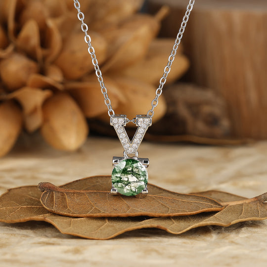 925 Argento Sterling Collana con Pendente Elegante a V in Agata Muschio Naturale Collana in Oro 14K