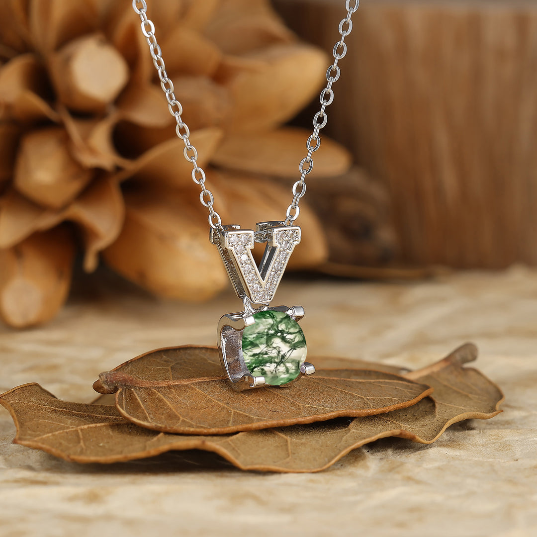 925 Argento Sterling Collana con Pendente Elegante a V in Agata Muschio Naturale Collana in Oro 14K