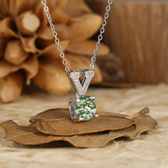 925 Argento Sterling Collana con Pendente Elegante a V in Agata Muschio Naturale Collana in Oro 14K