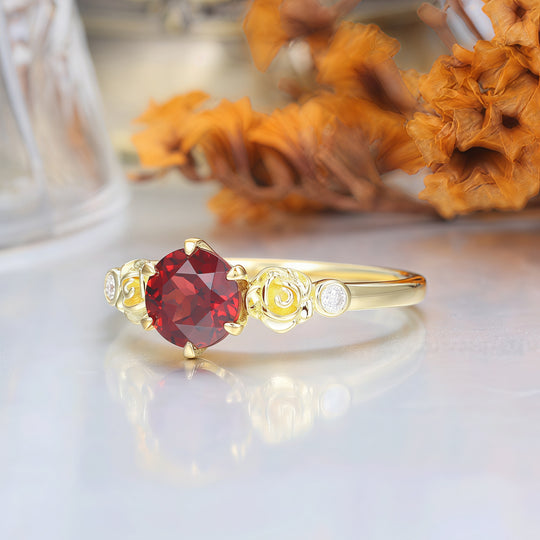 Noble 14k Rose Gold  Round Cut Nature Red Garnet Rose Shaped Wedding Ring Women Fine Ring -  Esdomera.com