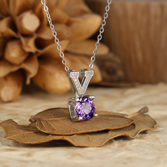 925 Argent Sterling Élégant Collier Pendentif Améthyste Naturelle Style Col V 14K Or