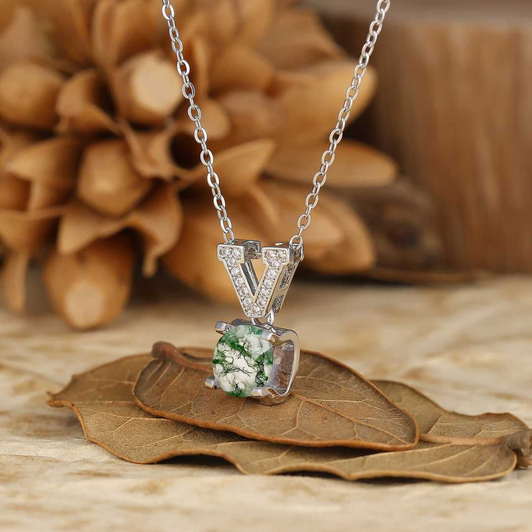 925 Argento Sterling Collana con Pendente Elegante a V in Agata Muschio Naturale Collana in Oro 14K