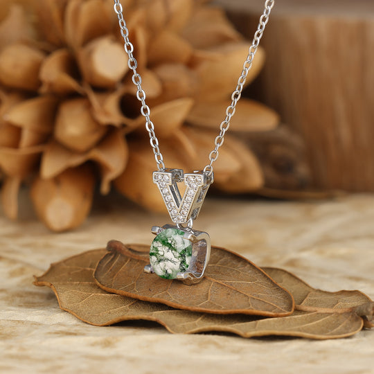 925 Argento Sterling Collana con Pendente Elegante a V in Agata Muschio Naturale Collana in Oro 14K