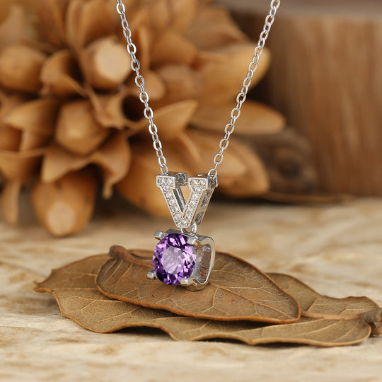 925 Argent Sterling Élégant Collier Pendentif Améthyste Naturelle Style Col V 14K Or