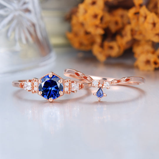 Vintage Rose Gold Sapphire Ring Set Handmade Promise Anniversary Bridal Ring Sapphire Ring Set
