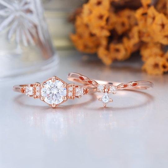 Dainty Round Moissanite Floral Bridal Ring Set 14K Rose Gold Anniversary Ring Set For Her