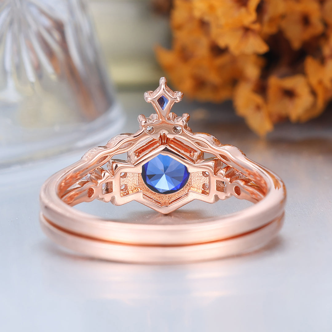Vintage Rose Gold Sapphire Ring Set Handmade Promise Anniversary Bridal Ring Sapphire Ring Set