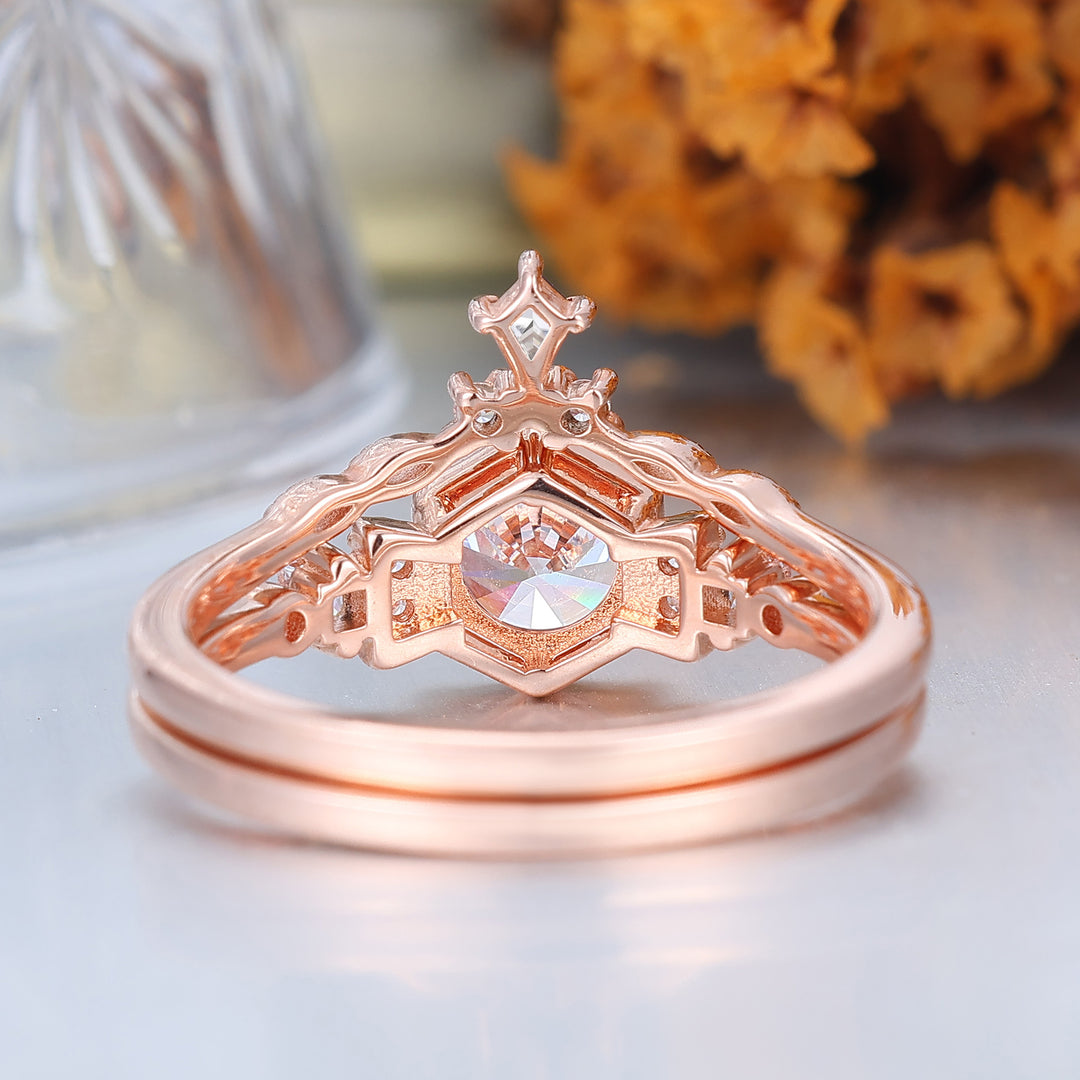 Dainty Round Moissanite Floral Bridal Ring Set 14K Rose Gold Anniversary Ring Set For Her