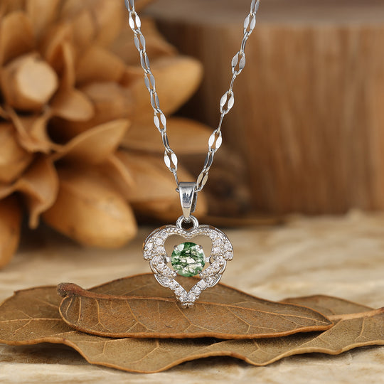 Elegant Heart-Shaped Pendant Necklace Round Cut Natural Moss Agate Bridal Pendant