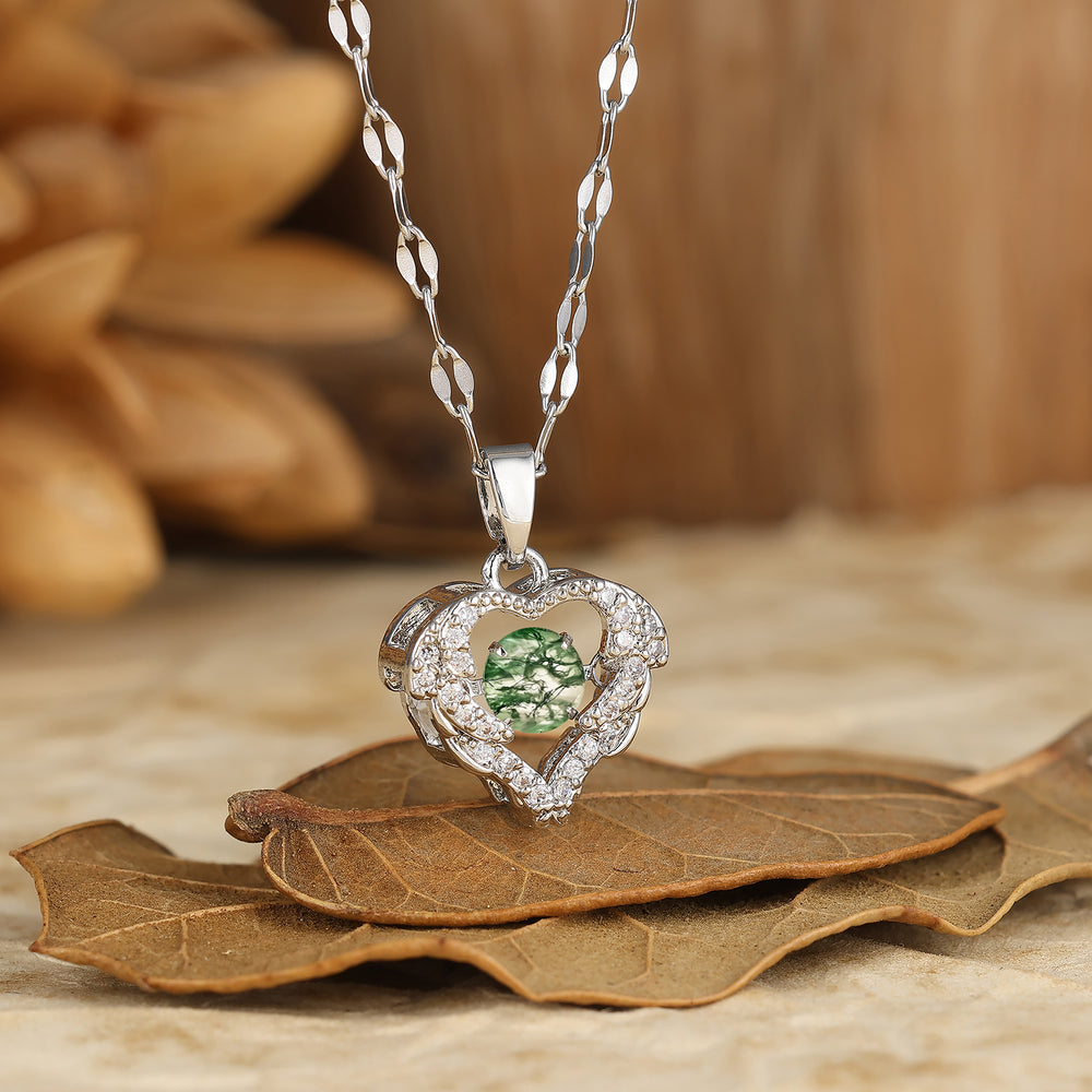 Elegant Heart-Shaped Pendant Necklace Round Cut Natural Moss Agate Bridal Pendant