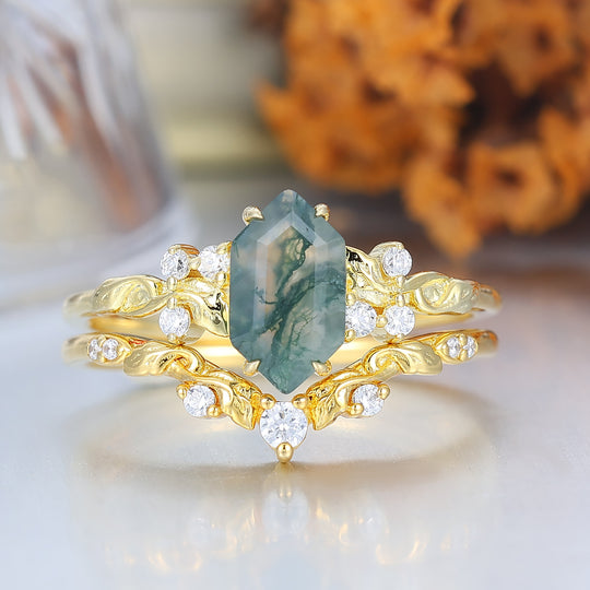Naturinspirierte sechseckige Moosachat-Verlobungsring-Set Vintage Gold Ring Stapelset Wald Verlobungsring