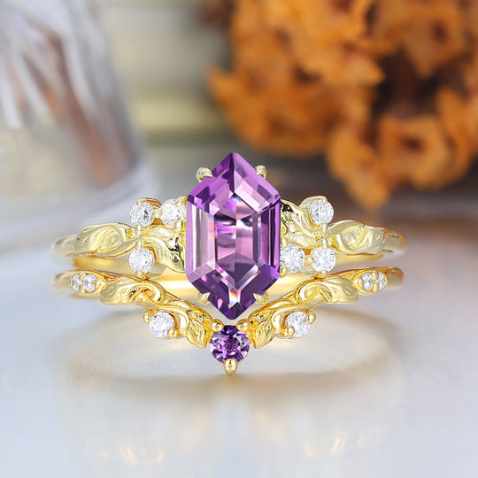 Nature Inspired Hexagon Natural Amethyst Bridal Set Vintage Gold Ring Stacking Set Forest Engagement Ring