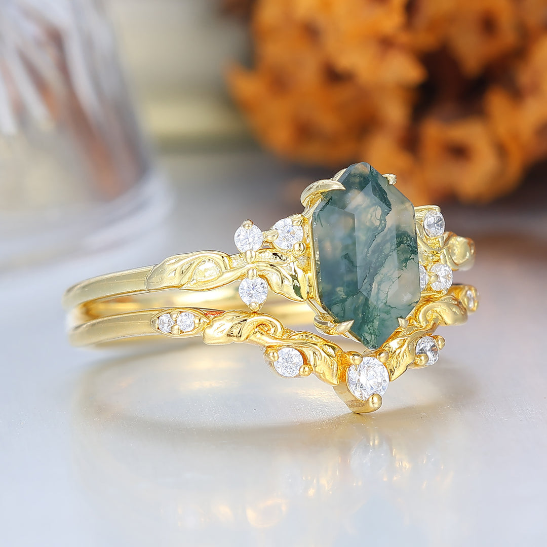 Naturinspirierte sechseckige Moosachat-Verlobungsring-Set Vintage Gold Ring Stapelset Wald Verlobungsring