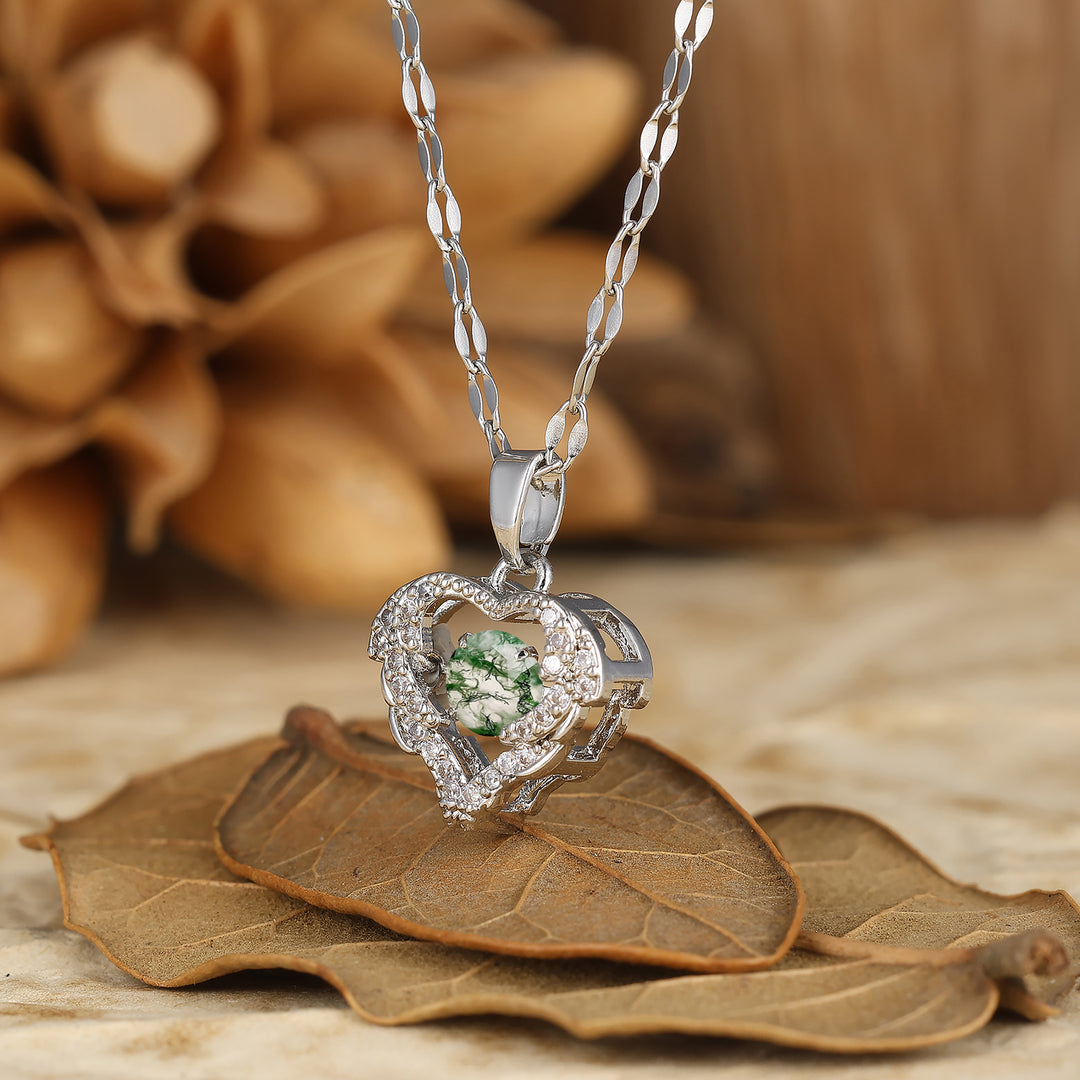 Elegant Heart-Shaped Pendant Necklace Round Cut Natural Moss Agate Bridal Pendant