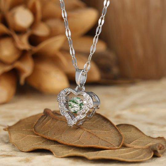 Elegant Heart-Shaped Pendant Necklace Round Cut Natural Moss Agate Bridal Pendant
