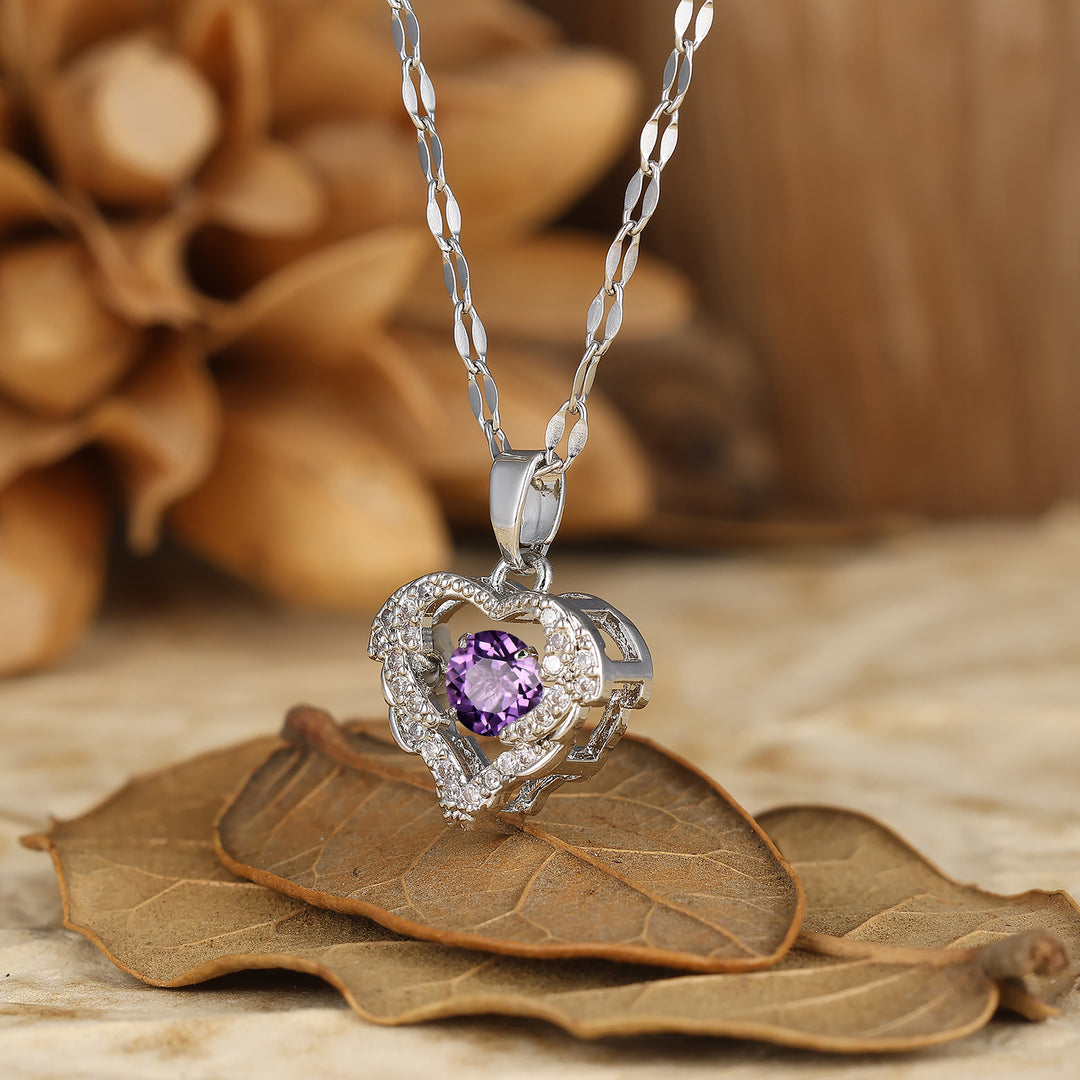 Solid White Gold Romantic Heart Necklace Round Cut Natural Amethyst Bridal Pendant Necklace