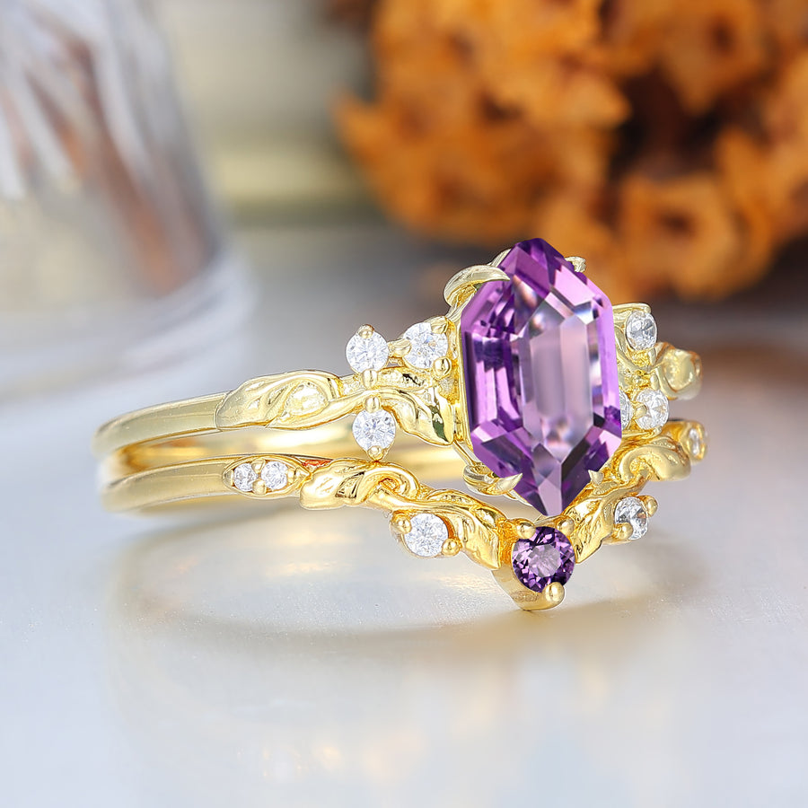 Nature Inspired Hexagon Natural Amethyst Bridal Set Vintage Gold Ring Stacking Set Forest Engagement Ring