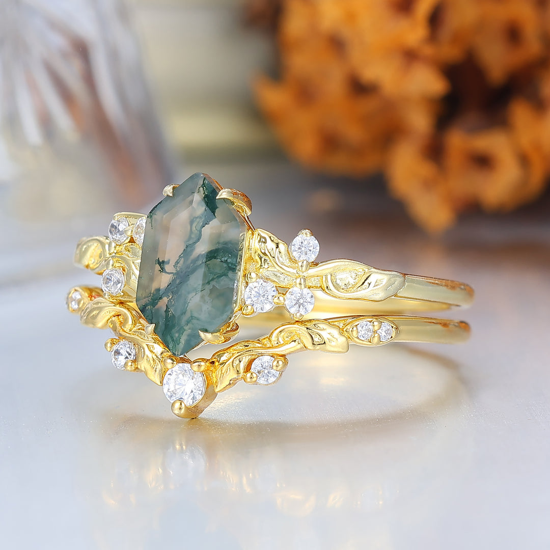 Naturinspirierte sechseckige Moosachat-Verlobungsring-Set Vintage Gold Ring Stapelset Wald Verlobungsring