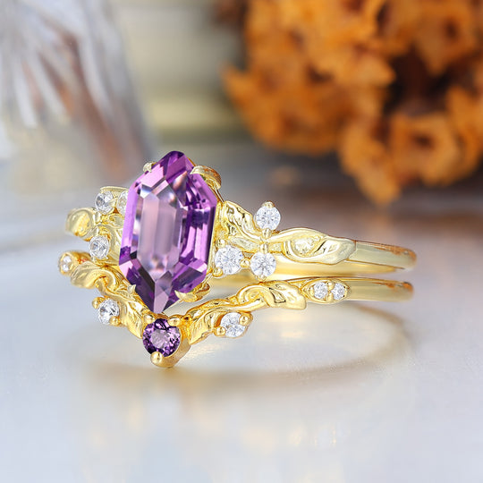 Nature Inspired Hexagon Natural Amethyst Bridal Set Vintage Gold Ring Stacking Set Forest Engagement Ring