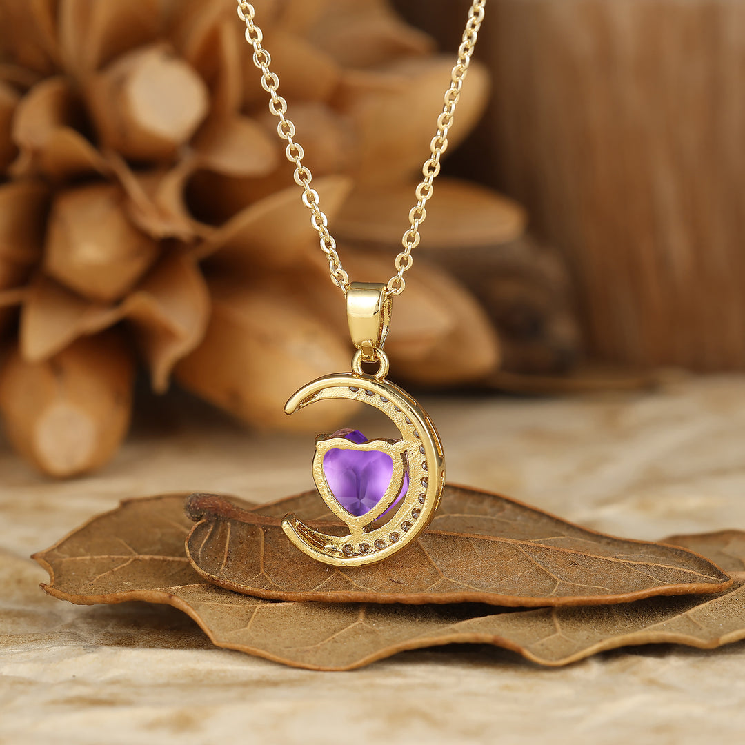 Colgante de amatista en forma de corazón Collar de luna creciente Colgante de compromiso
