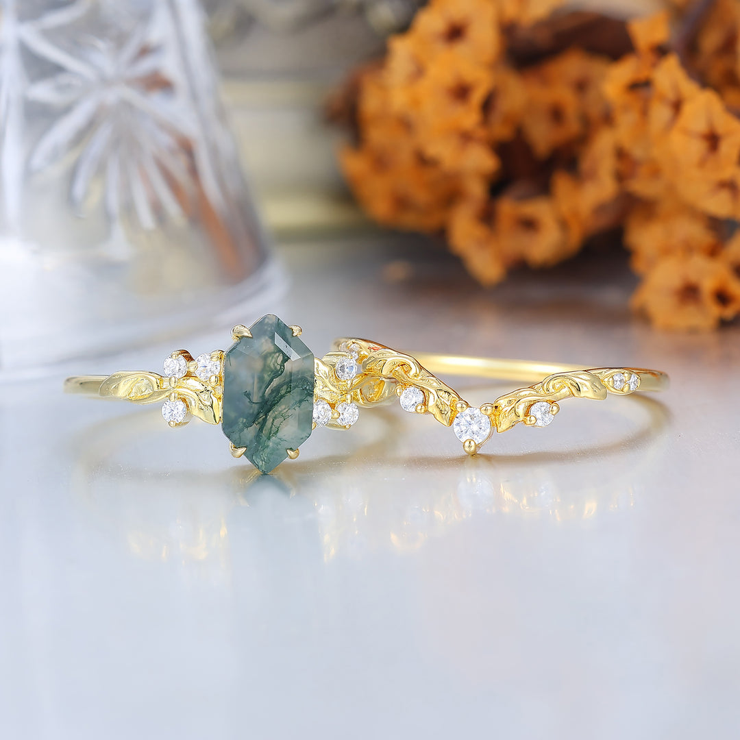 Naturinspirierte sechseckige Moosachat-Verlobungsring-Set Vintage Gold Ring Stapelset Wald Verlobungsring