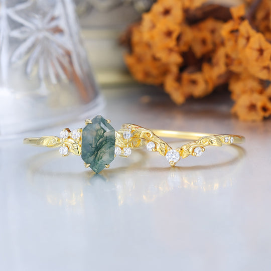 Naturinspirierte sechseckige Moosachat-Verlobungsring-Set Vintage Gold Ring Stapelset Wald Verlobungsring