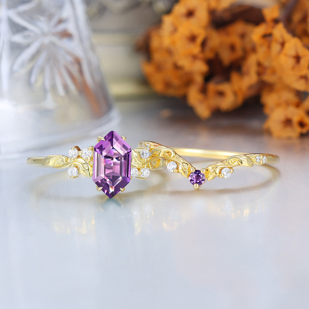 Nature Inspired Hexagon Natural Amethyst Bridal Set Vintage Gold Ring Stacking Set Forest Engagement Ring
