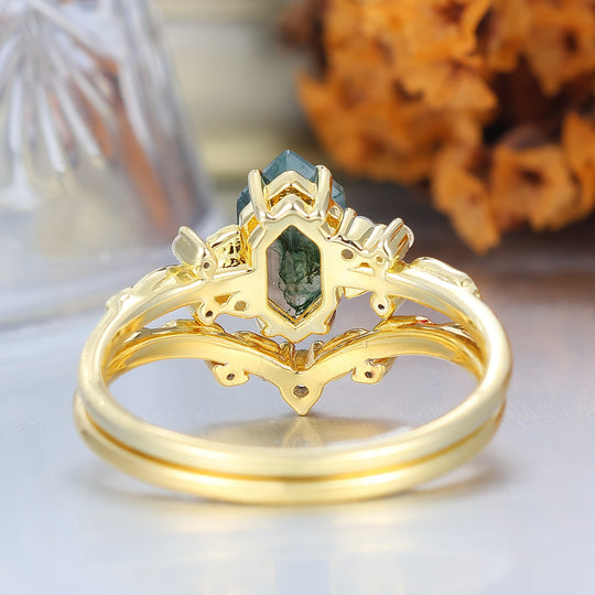 Naturinspirierte sechseckige Moosachat-Verlobungsring-Set Vintage Gold Ring Stapelset Wald Verlobungsring