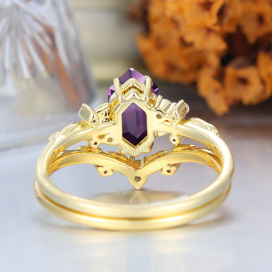 Nature Inspired Hexagon Natural Amethyst Bridal Set Vintage Gold Ring Stacking Set Forest Engagement Ring