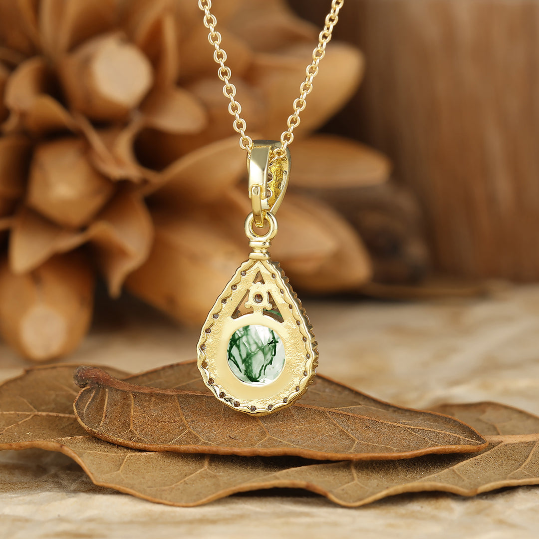 Collier en agate mousse avec pendentif goutte d'eau inspiré de la nature, coupe ronde, collier en agate mousse pour elle