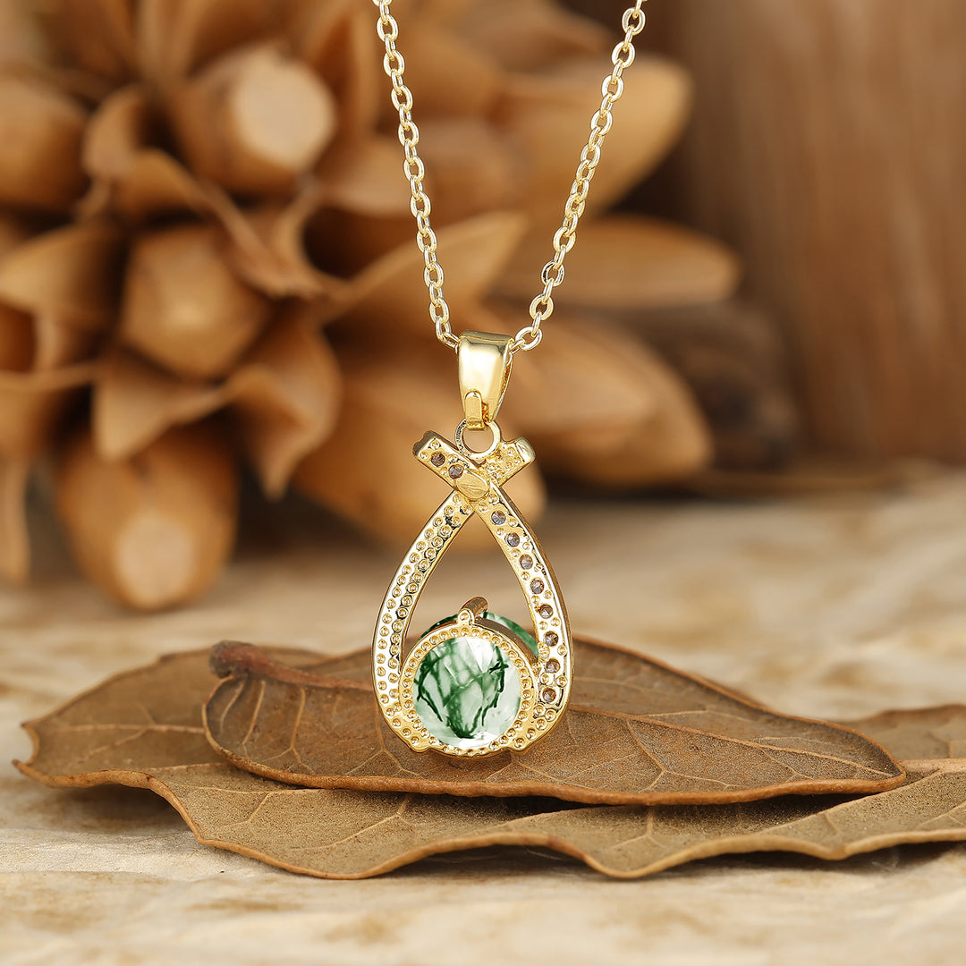 Collar colgante de ágata musgo con corte redondo delicado, collar nupcial de aniversario en oro macizo de 14K